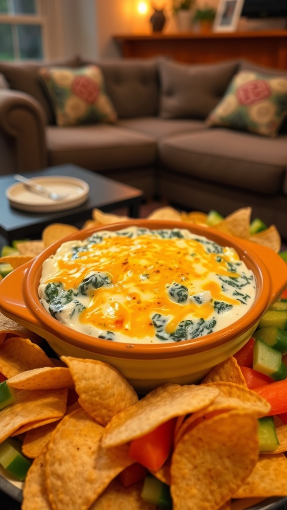 A bubbling bowl of creamy spinach and artichoke dip with golden cheese, served with tortilla chips and vegetable sticks.